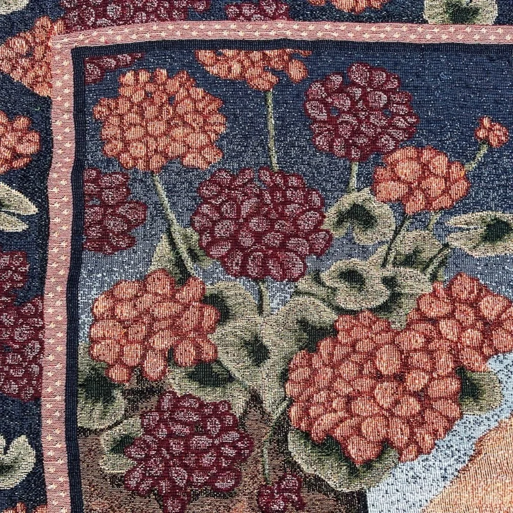 Vintage Dog and Cat Cuddling on Brick Porch Floral Woven Tapestry Blanket Throw